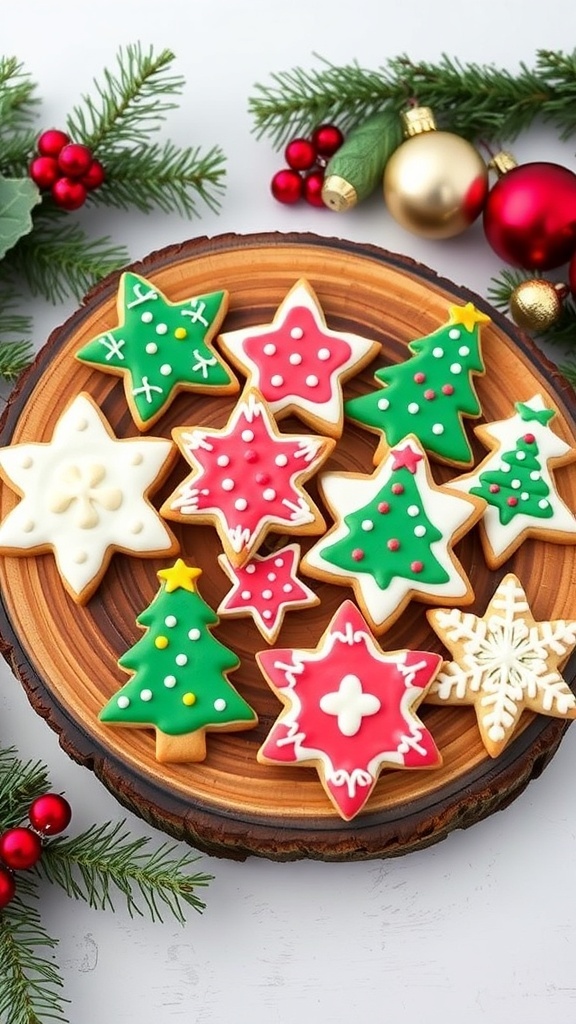 A variety of decorated Christmas cookies with royal icing on a wooden platter, surrounded by festive decorations.
